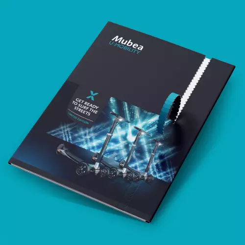 A black Mubea U-Mobility brochure featuring the slogan "Get Ready to Surf the Streets" and an image of several XBoards on a dynamic, blue background. The Mubea U-Mobility logo is displayed at the top left..
