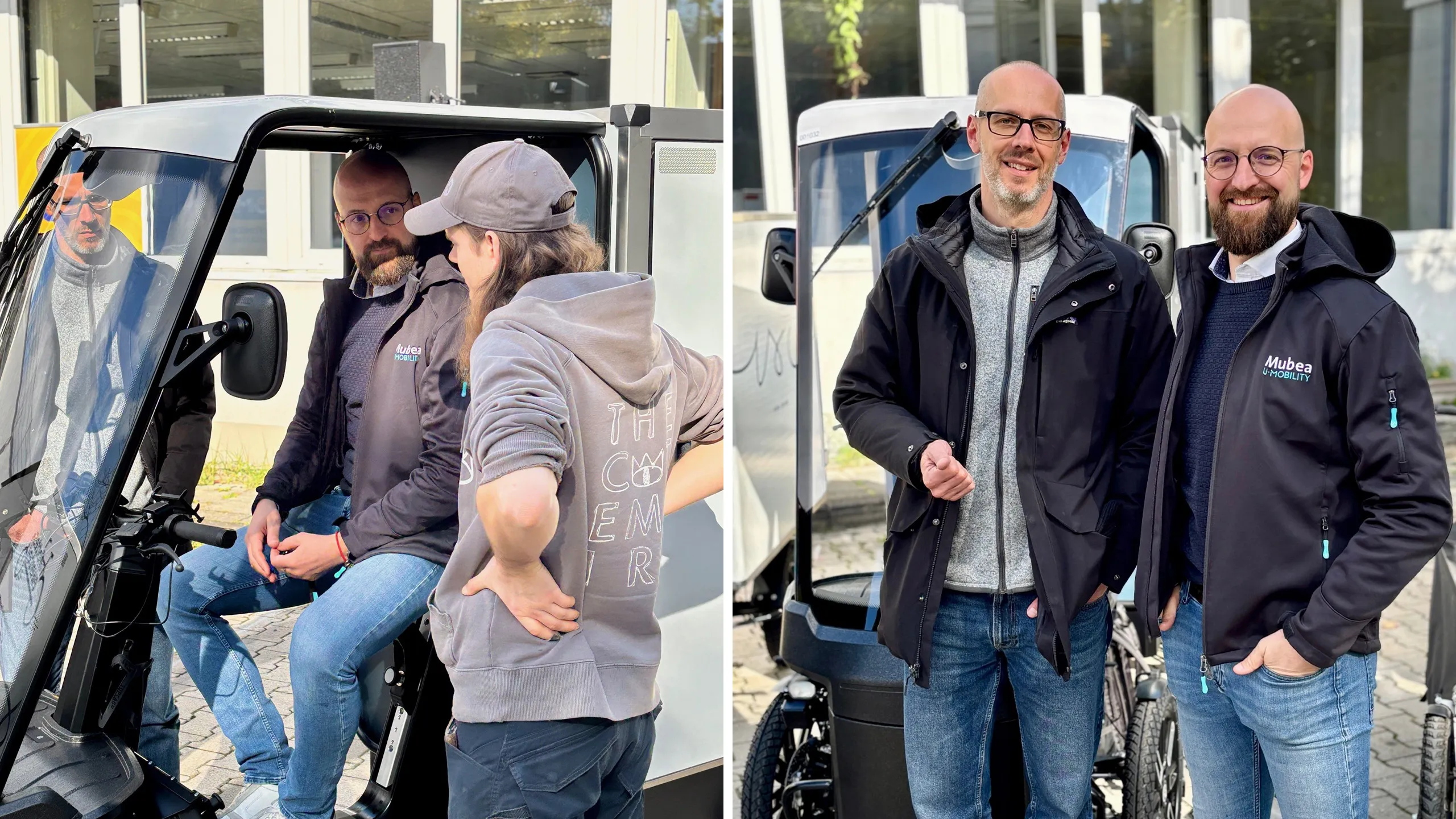 Junge Herren sprechen miteinander neben einem elektrischem Cargobike.